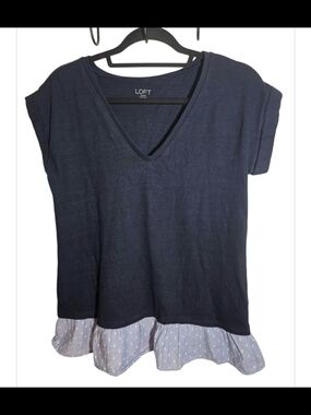 LOFT Outlet Navy V Neck Ruffle Hem Top Blue Polka Dot Size Small